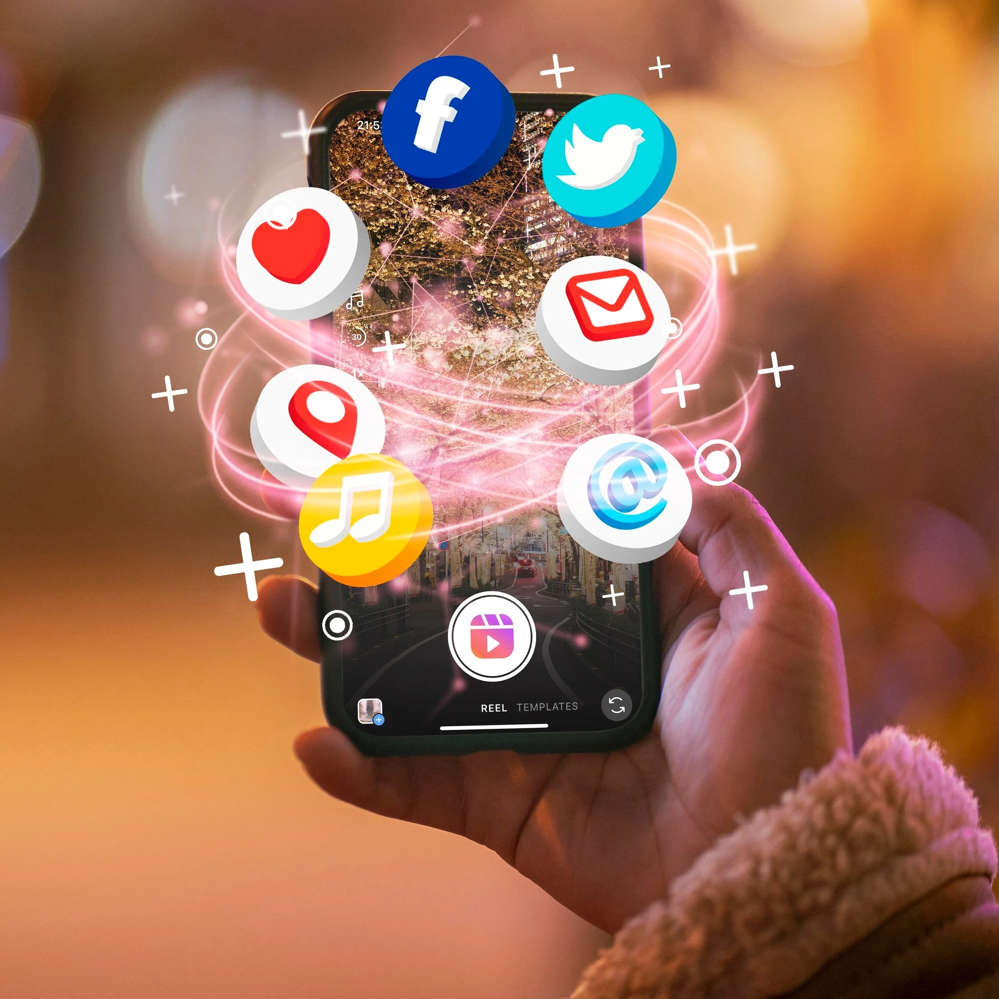 Vibrant icons representing social media, email, location, and music floating above a smartphone, symbolizing the digital marketing services offered by a freelance digital marketer in Kerala