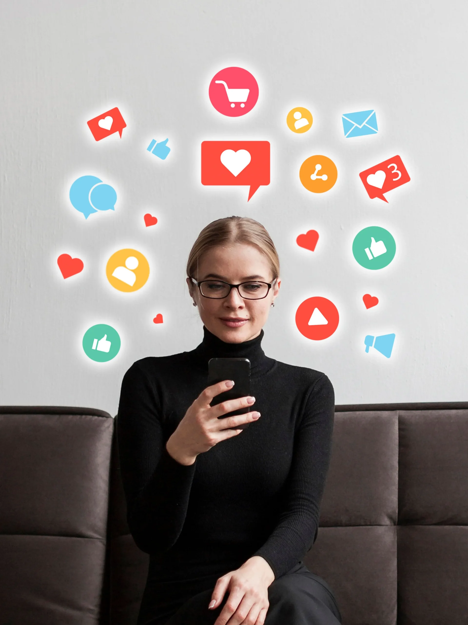 "A person sitting on a couch, holding a smartphone, with various social media and digital marketing icons surrounding their head. This image symbolizes engagement with digital marketing tools and social media platforms, relevant for a freelance digital marketing company in Thrissur."