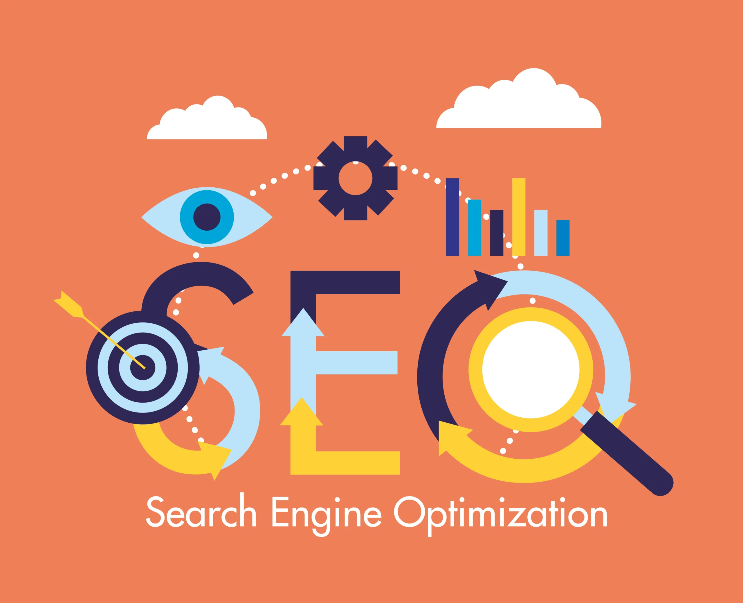  "Illustration explaining 'What is SEO,' featuring visuals of a magnifying glass, a target, charts, and interconnected symbols representing Search Engine Optimization processes."