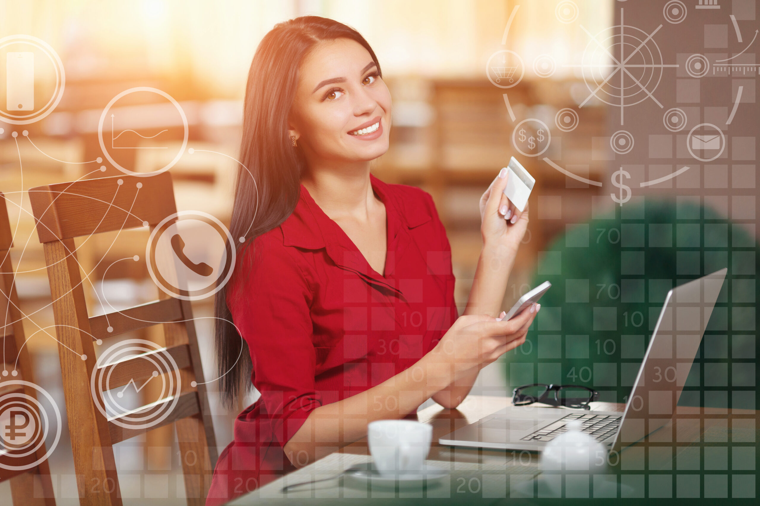 "Smiling woman using a mobile phone and credit card with a laptop, surrounded by digital icons representing digital marketing strategies."